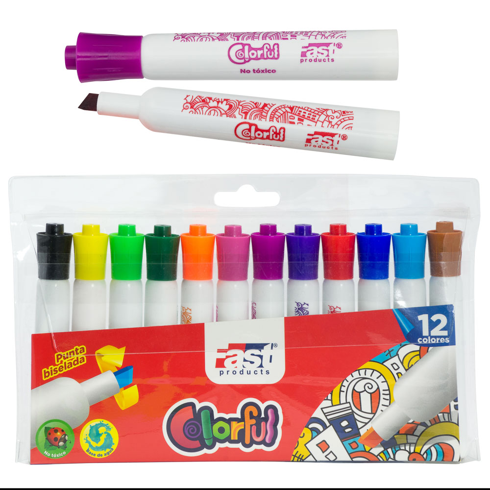 MARCADORES EN ESTUCHE FAST 12 COL. JUMBO PUNTA BISELADA (24)