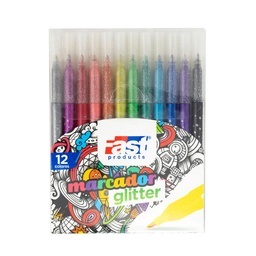 [16702] MARCADORES EN ESTUCHE FAST 12 COL. CON GLITTER  PUNTA FINA