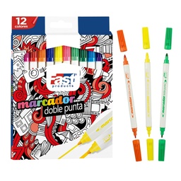 [13603] MARCADORES EN ESTUCHE FAST 12 COL. DOBLE PUNTA